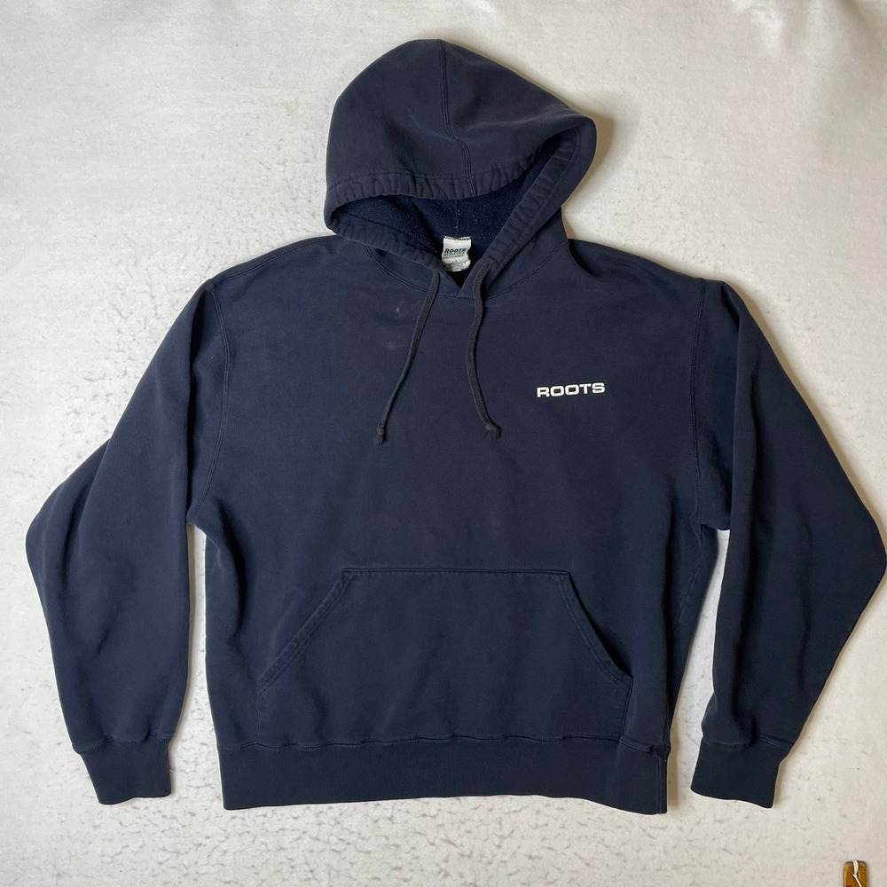Roots Athletics Mens Hoodie Sweatshirt Navy Blue Large‎ Made in Canada Logo L/G